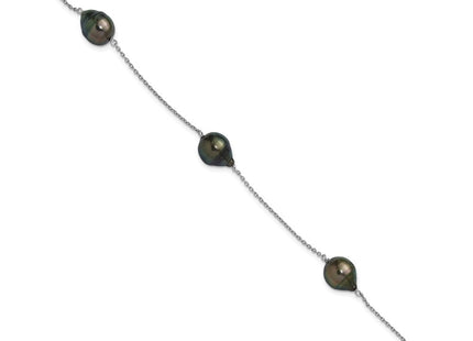 Sterling Silver Rhodium-plated 9- Baroque Black Tahitian Saltwater Cultured Pearl 3-Station