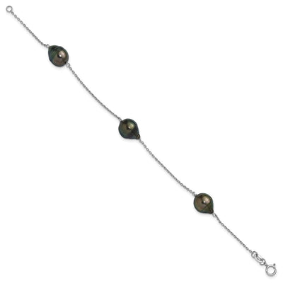 Sterling Silver Rhodium-plated Baroque Black Tahitian Saltwater Cultured Pearl 3-Station, 18 x 9.6mm