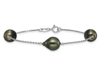 Sterling Silver Rhodium-plated 9- Baroque Black Tahitian Saltwater Cultured Pearl 3-Station