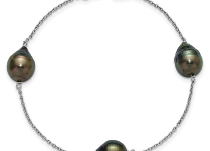 Sterling Silver Rhodium-plated 9- Baroque Black Tahitian Saltwater Cultured Pearl 3-Station