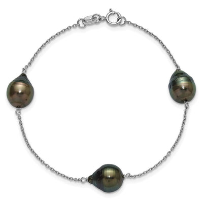 Sterling Silver Rhodium-plated Baroque Black Tahitian Saltwater Cultured Pearl 3-Station, 18 x 9.6mm