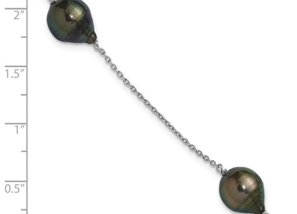 Sterling Silver Rhodium-plated 9- Baroque Black Tahitian Saltwater Cultured Pearl 3-Station