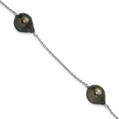 Sterling Silver Rhodium-plated Baroque Black Tahitian Saltwater Cultured Pearl 3-Station, 18 x 9.6mm