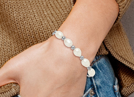 Sterling Silver Rhodium-plated Polished and Beaded 7- Freshwater Cultured Rice Pearl Adjustable Bolo Bracelet