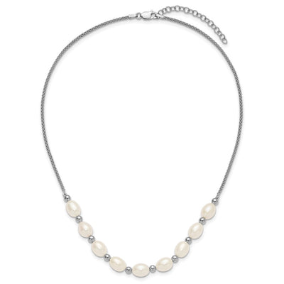 Sterling Silver Rhodium-plated Polished and Beaded Freshwater Cultured Rice Pearl with Extension Necklace
