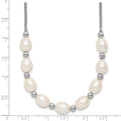 Sterling Silver Rhodium-plated Polished and Beaded Freshwater Cultured Rice Pearl with Extension Necklace