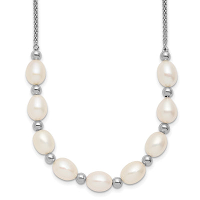 Sterling Silver Rhodium-plated Polished and Beaded Freshwater Cultured Rice Pearl with Extension Necklace