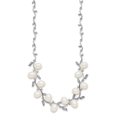 Sterling Silver Rhodium-plated Teardrop White Freshwater Cultured Pearl and CZ Leaf with Extender Necklace