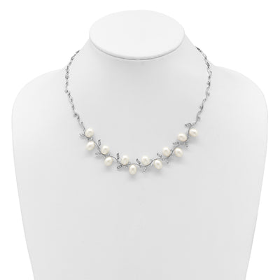Sterling Silver Rhodium-plated Teardrop White Freshwater Cultured Pearl and CZ Leaf with Extender Necklace