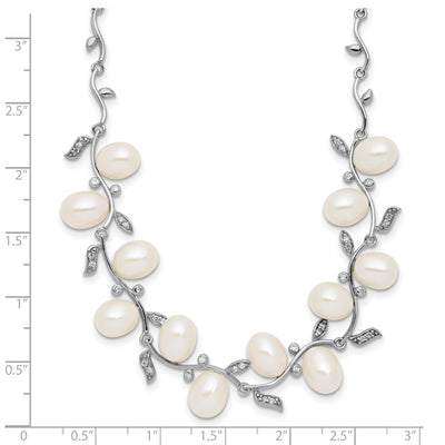 Sterling Silver Rhodium-plated Teardrop White Freshwater Cultured Pearl and CZ Leaf with Extender Necklace
