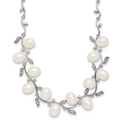 Sterling Silver Rhodium-plated Teardrop White Freshwater Cultured Pearl and CZ Leaf with Extender Necklace