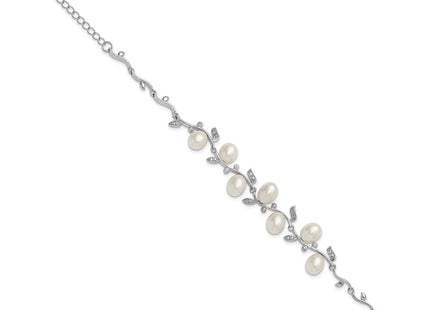 Sterling Silver Rhodium-plated 6- Teardrop White Freshwater Cultured Pearl and CZ Leaf with Extender Necklace