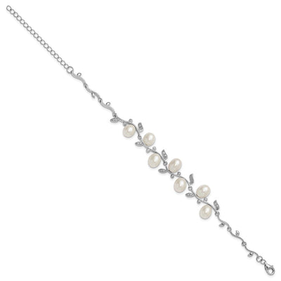 Sterling Silver Rhodium-plated Teardrop White Freshwater Cultured Pearl and CZ Leaf with Extender Necklace