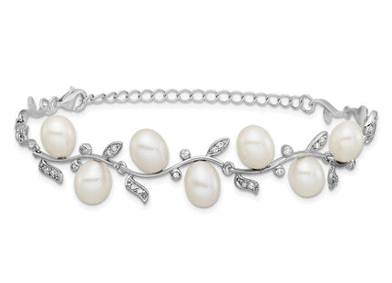 Sterling Silver Rhodium-plated 6- Teardrop White Freshwater Cultured Pearl and CZ Leaf with Extender Necklace