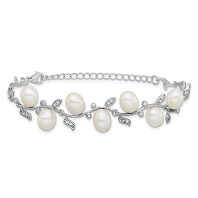 Sterling Silver Rhodium-plated Teardrop White Freshwater Cultured Pearl and CZ Leaf with Extender Necklace