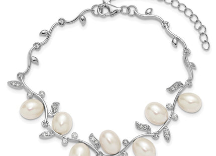Sterling Silver Rhodium-plated 6- Teardrop White Freshwater Cultured Pearl and CZ Leaf with Extender Necklace