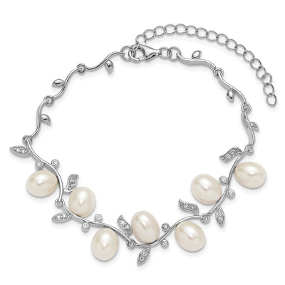 Sterling Silver Rhodium-plated Teardrop White Freshwater Cultured Pearl and CZ Leaf with Extender Necklace