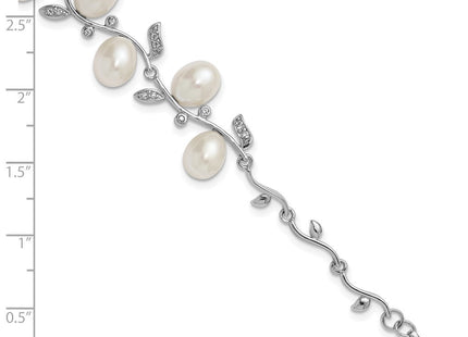Sterling Silver Rhodium-plated 6- Teardrop White Freshwater Cultured Pearl and CZ Leaf with Extender Necklace