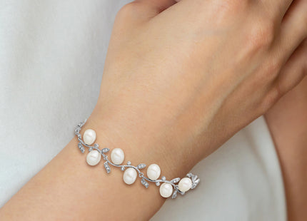 Sterling Silver Rhodium-plated 6- Teardrop White Freshwater Cultured Pearl and CZ Leaf with Extender Bracelet