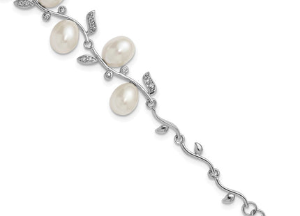 Sterling Silver Rhodium-plated 6- Teardrop White Freshwater Cultured Pearl and CZ Leaf with Extender Necklace