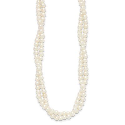 Sterling Silver Rhodium-plated Semi-Round White Freshwater Cultured Pearl 2-Strand with Extender Choker