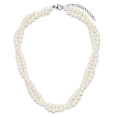 Sterling Silver Rhodium-plated Semi-Round White Freshwater Cultured Pearl 2-Strand with Extender Choker