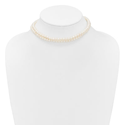Sterling Silver Rhodium-plated Semi-Round White Freshwater Cultured Pearl 2-Strand with Extender Choker