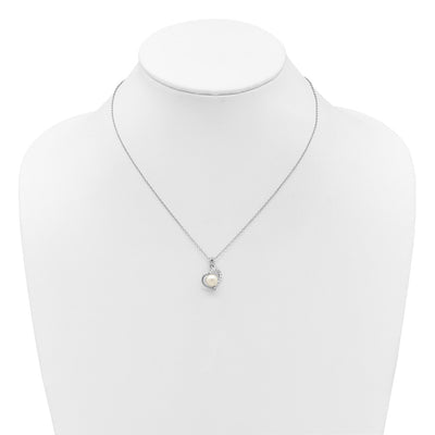 Sterling Silver Rhodium-plated Button White Freshwater Cultured Pearl and CZ Heart Necklace