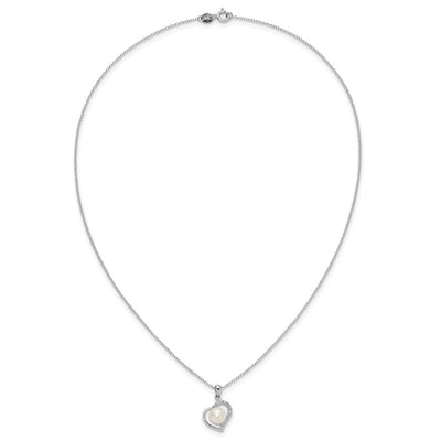 Sterling Silver Rhodium-plated Button White Freshwater Cultured Pearl and CZ Heart Necklace