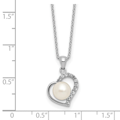 Sterling Silver Rhodium-plated Button White Freshwater Cultured Pearl and CZ Heart Necklace