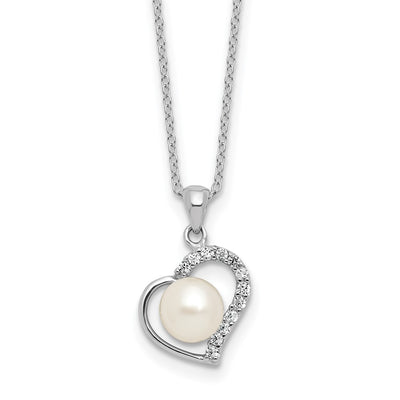Sterling Silver Rhodium-plated Button White Freshwater Cultured Pearl and CZ Heart Necklace
