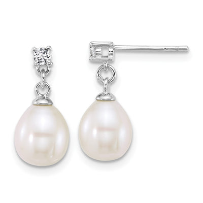 Sterling Silver Rhodium-plated Teardrop White Freshwater Cultured Pearl and CZ Necklace and Dangle Post Earring Set