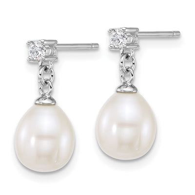 Sterling Silver Rhodium-plated Teardrop White Freshwater Cultured Pearl and CZ Necklace and Dangle Post Earring Set