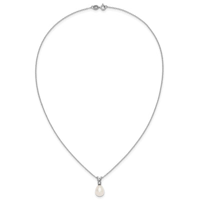 Sterling Silver Rhodium-plated Teardrop White Freshwater Cultured Pearl and CZ Necklace and Dangle Post Earring Set