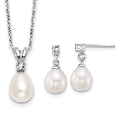 Sterling Silver Rhodium-plated Teardrop White Freshwater Cultured Pearl and CZ Necklace and Dangle Post Earring Set