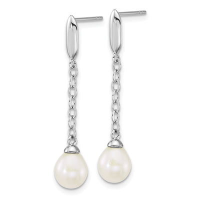 Sterling Silver Rhodium-plated Teardrop White Freshwater Cultured Pearl Y-Necklace and Chain Dangle Post Earring Set