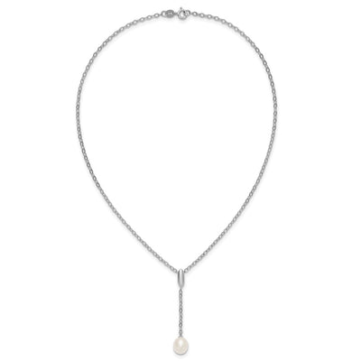Sterling Silver Rhodium-plated Teardrop White Freshwater Cultured Pearl Y-Necklace and Chain Dangle Post Earring Set