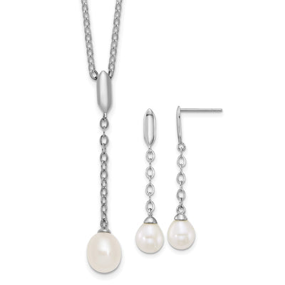 Sterling Silver Rhodium-plated Teardrop White Freshwater Cultured Pearl Y-Necklace and Chain Dangle Post Earring Set