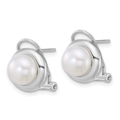 Sterling Silver Rhodium-plated Button White Freshwater Cultured Pearl Necklace and Omega Back Earring Set