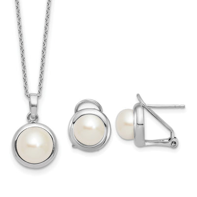 Sterling Silver Rhodium-plated Button White Freshwater Cultured Pearl Necklace and Omega Back Earring Set