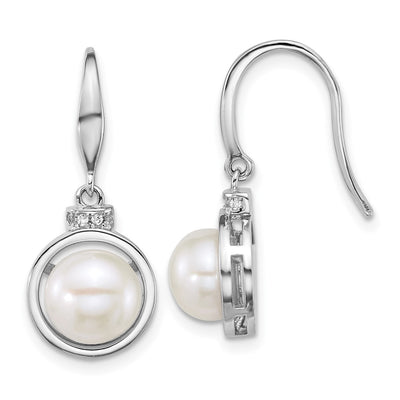 Sterling Silver Rhodium-plated Button White Freshwater Cultured Pearl and CZ Necklace and Dangle Shepherd Hook Earring Set