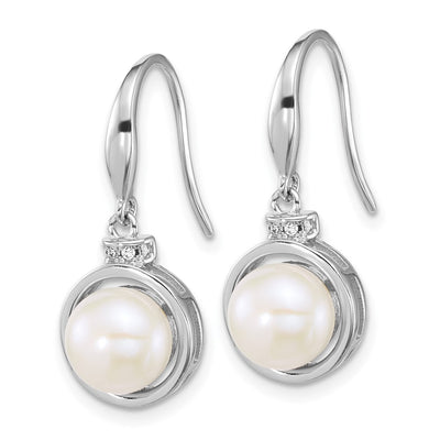 Sterling Silver Rhodium-plated Button White Freshwater Cultured Pearl and CZ Necklace and Dangle Shepherd Hook Earring Set