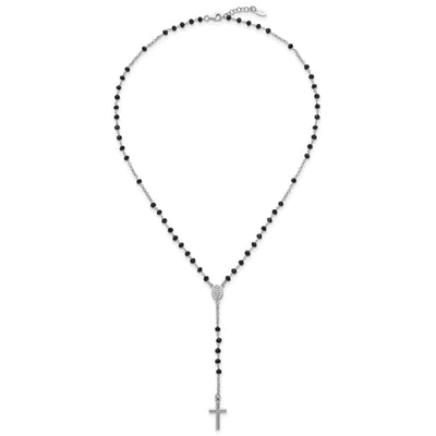 Sterling Silver Rhodium-plated Black Crystal with extender Rosary Necklace