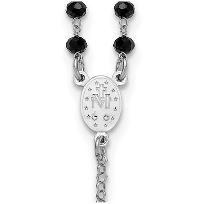 Sterling Silver Rhodium-plated Black Crystal with extender Rosary Necklace