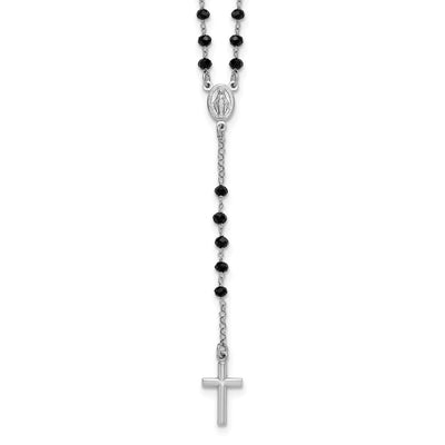 Sterling Silver Rhodium-plated Black Crystal with extender Rosary Necklace