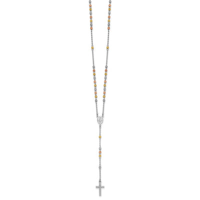 Sterling Silver Rhodium-plated Diamond-cut Tri-color Gold-plated with extender Rosary Necklace