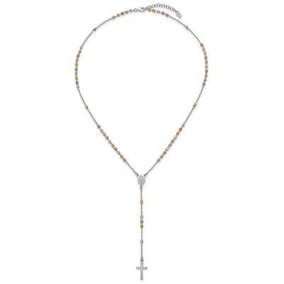 Sterling Silver Rhodium-plated Diamond-cut Tri-color Gold-plated with extender Rosary Necklace