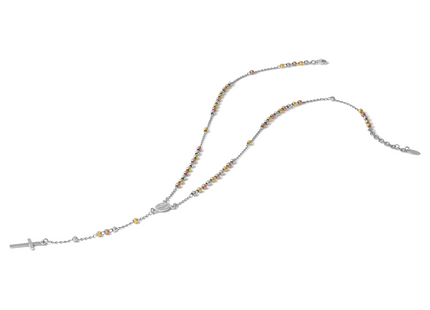 Sterling Silver Rhodium-plated Diamond-cut Tri-color Gold-plated 18. with extender Rosary Necklace