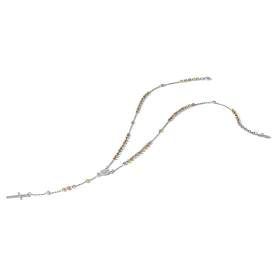 Sterling Silver Rhodium-plated Diamond-cut Tri-color Gold-plated with extender Rosary Necklace