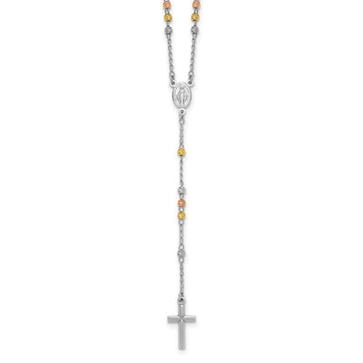 Sterling Silver Rhodium-plated Diamond-cut Tri-color Gold-plated with extender Rosary Necklace
